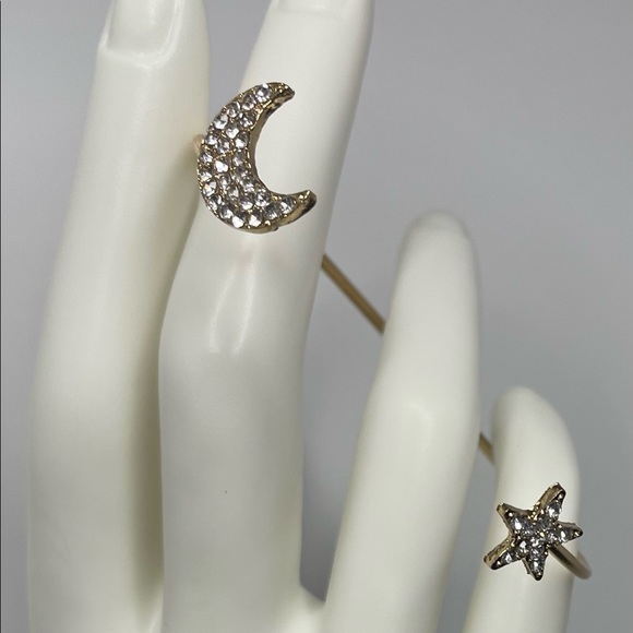 Dainty Star & Moon Gold Toned Cuff  Bracelet w/Rhinestones - Picture 2 of 10